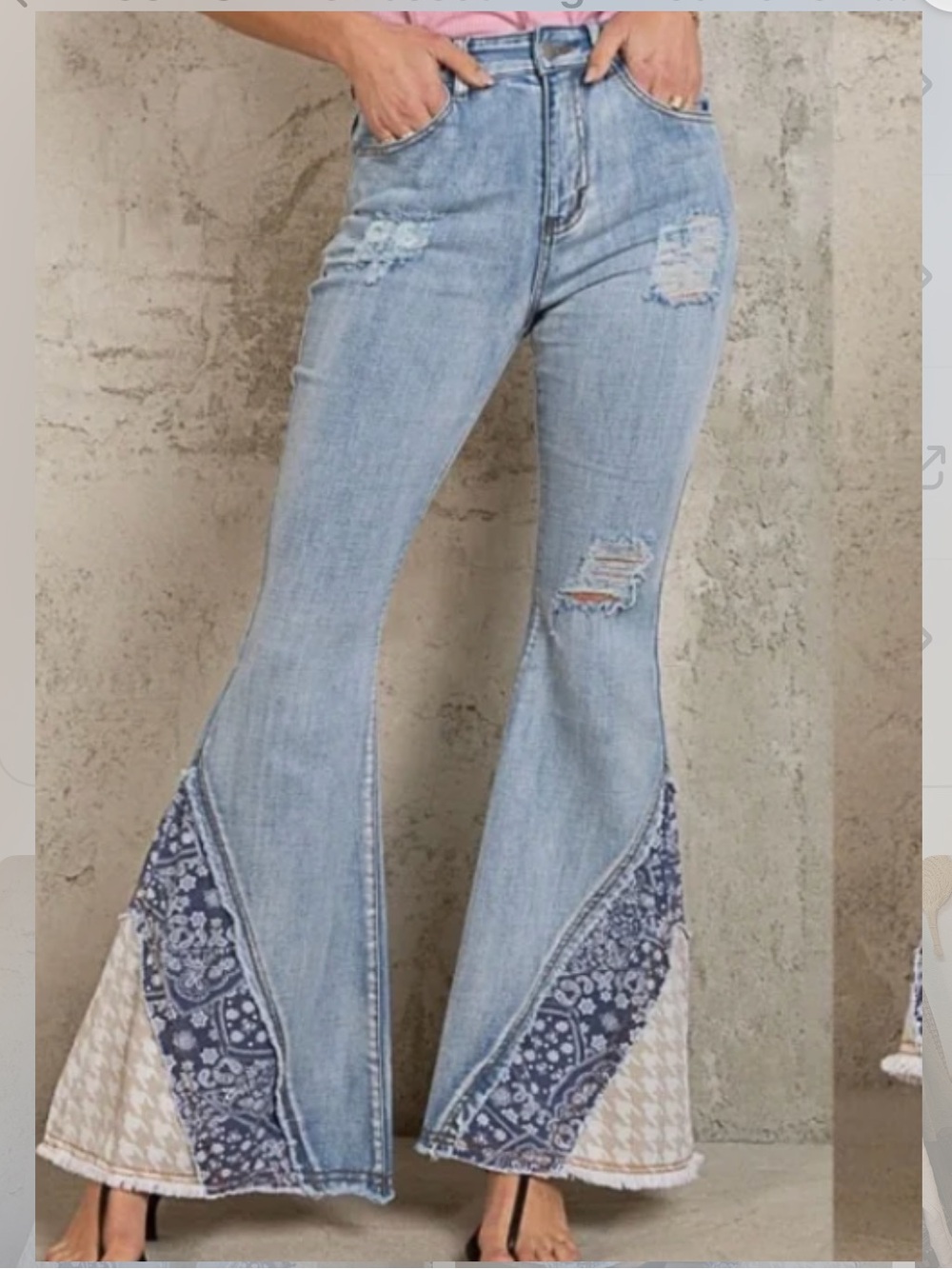 POL flare jeans Light Blue Distressed Patchwork Flare Jeans